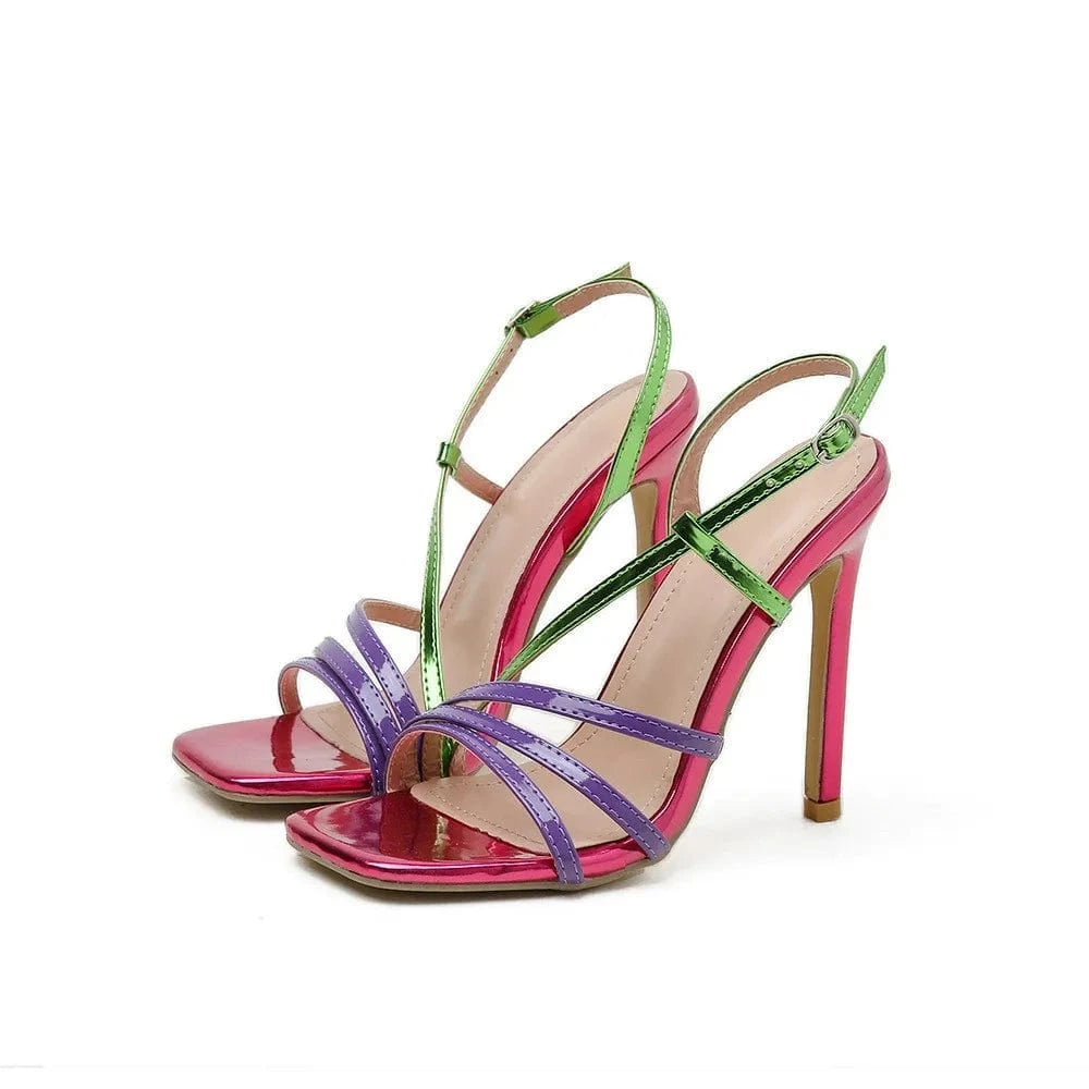 New arrival last design wholesale hot high quality mature women shoes square toe stiletto summer 2022 colorful heeled sandals