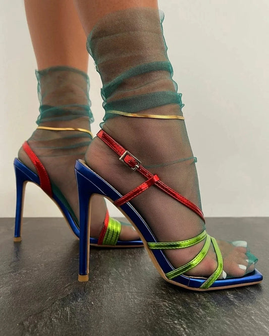 New arrival last design wholesale hot high quality mature women shoes square toe stiletto summer 2022 colorful heeled sandals