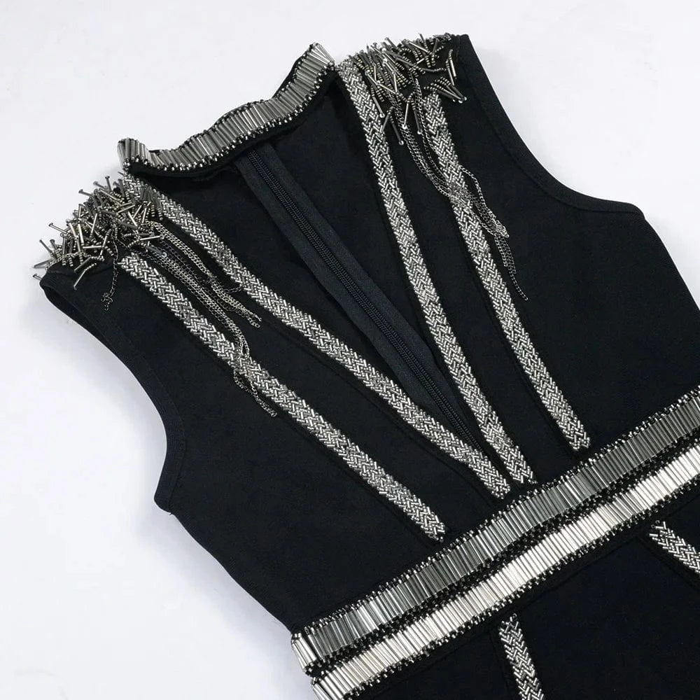 New Arrival Sexy Women Dress Hand Beading Sleeveless V-neck Bodycon Bandage Dress Evening Party Mini Dress