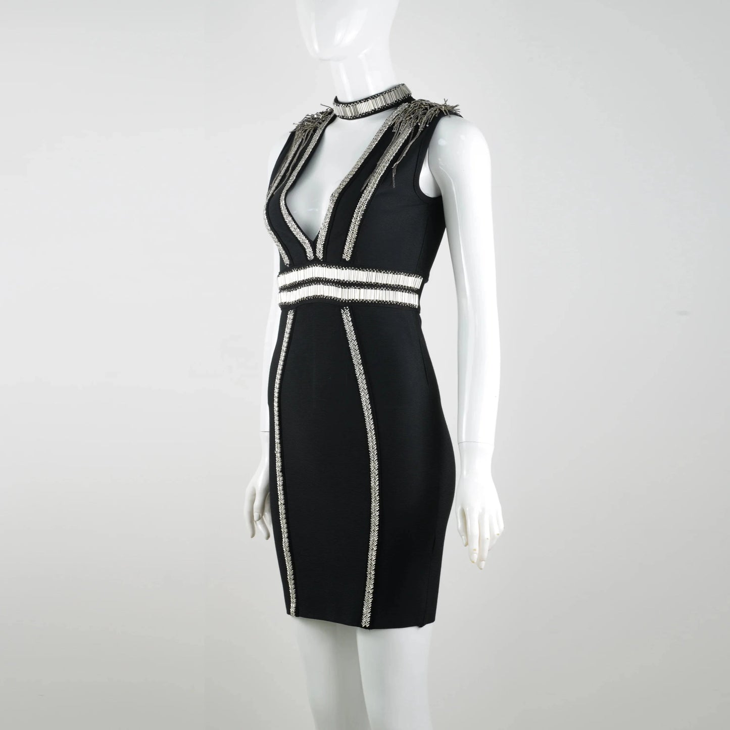 New Arrival Sexy Women Dress Hand Beading Sleeveless V-neck Bodycon Bandage Dress Evening Party Mini Dress