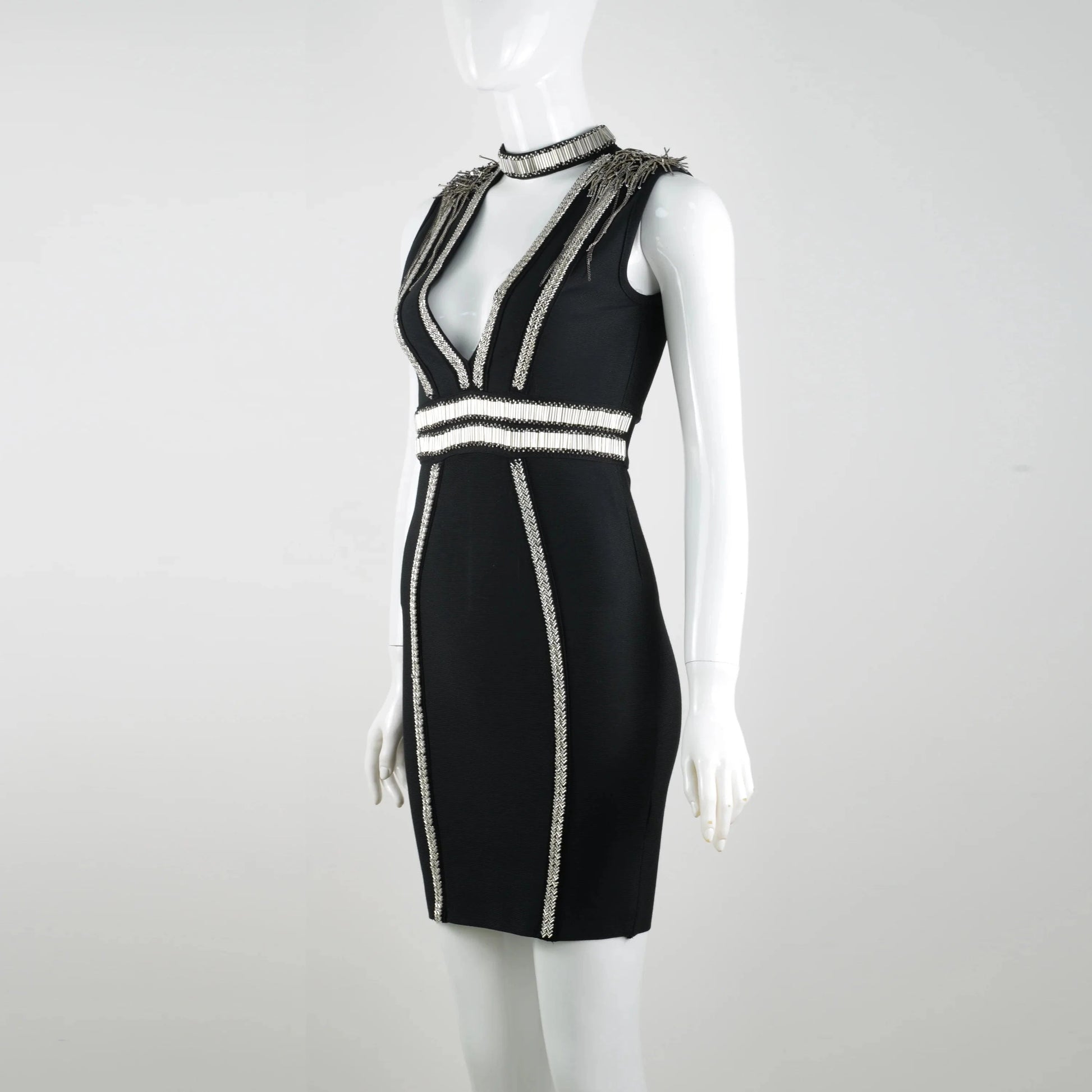 New Arrival Sexy Women Dress Hand Beading Sleeveless V-neck Bodycon Bandage Dress Evening Party Mini Dress