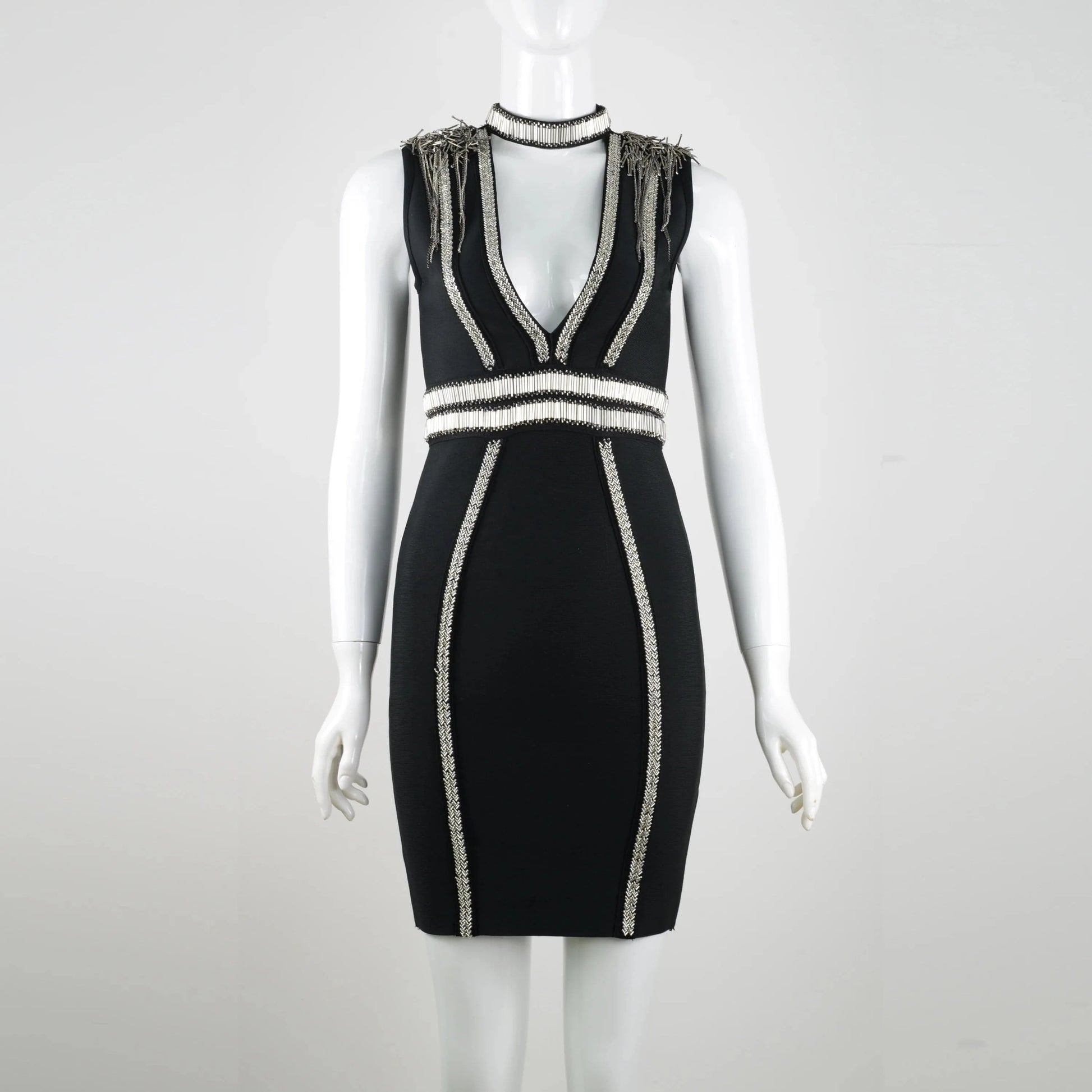 New Arrival Sexy Women Dress Hand Beading Sleeveless V-neck Bodycon Bandage Dress Evening Party Mini Dress