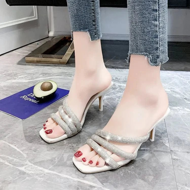 New Arrival Sexy Women Square Toe Sandals Shiny Elegant Fashion Outdoor Sandals High Heels