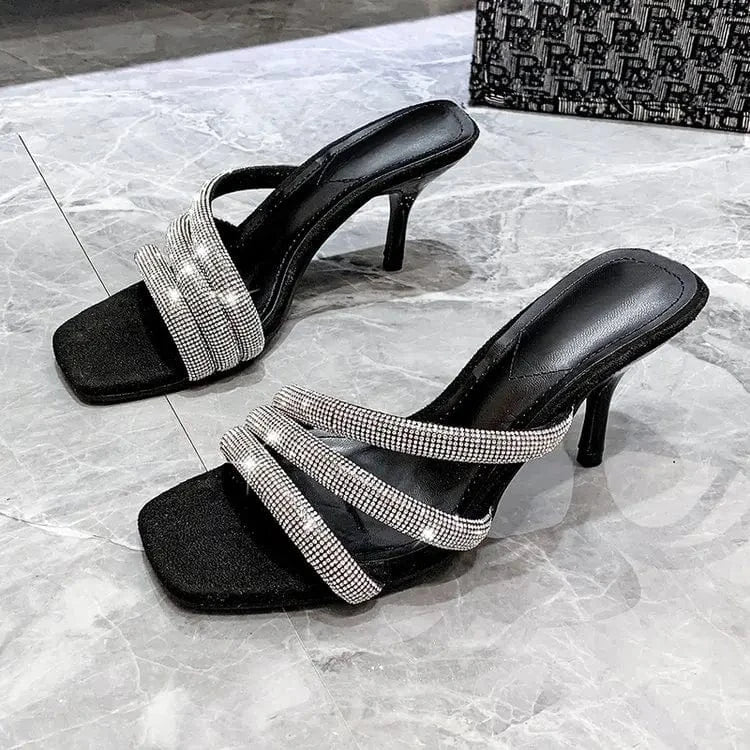 New Arrival Sexy Women Square Toe Sandals Shiny Elegant Fashion Outdoor Sandals High Heels