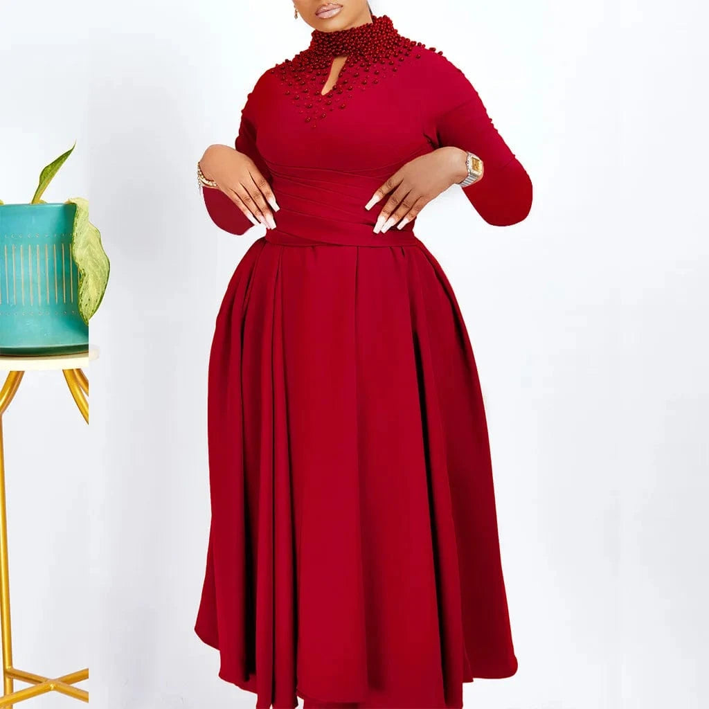 New Arrival Solid Color Clothing fall Wholesale bridal pearl beaded swing Long Sleeve Plus Size evening african Women Dresses