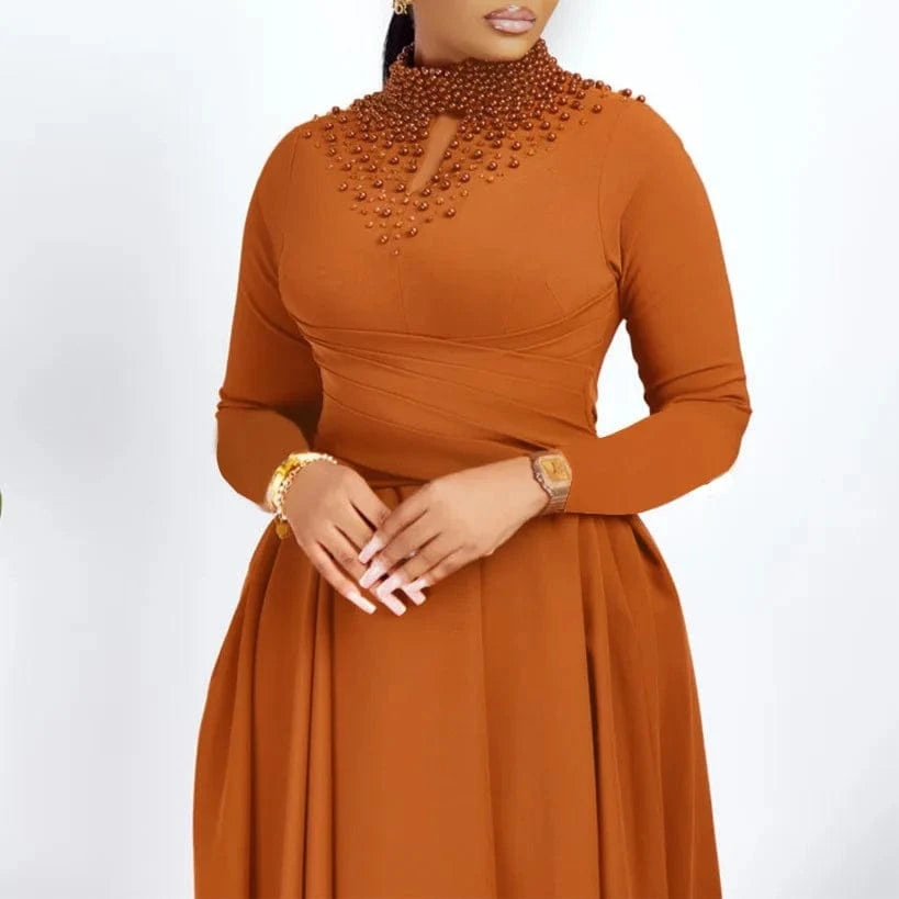 New Arrival Solid Color Clothing fall Wholesale bridal pearl beaded swing Long Sleeve Plus Size evening african Women Dresses