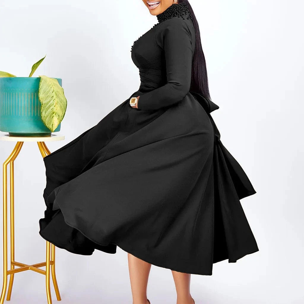 New Arrival Solid Color Clothing fall Wholesale bridal pearl beaded swing Long Sleeve Plus Size evening african Women Dresses