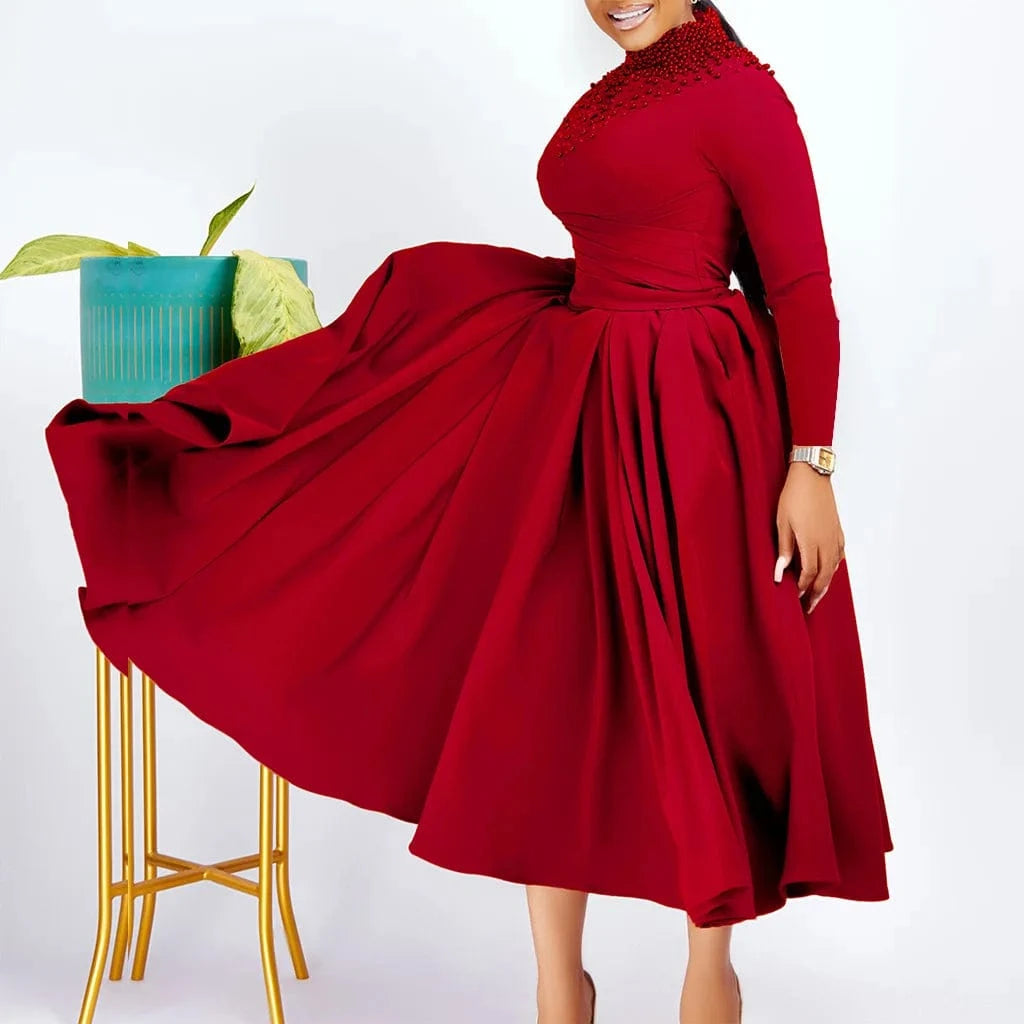 New Arrival Solid Color Clothing fall Wholesale bridal pearl beaded swing Long Sleeve Plus Size evening african Women Dresses