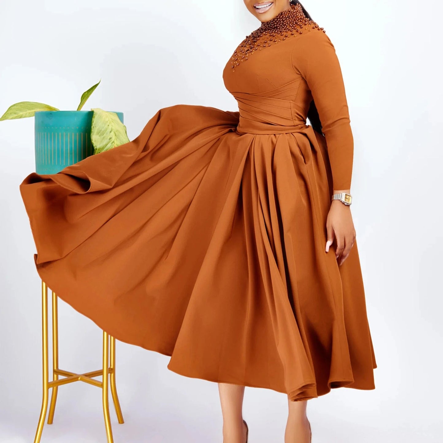 New Arrival Solid Color Clothing fall Wholesale bridal pearl beaded swing Long Sleeve Plus Size evening african Women Dresses
