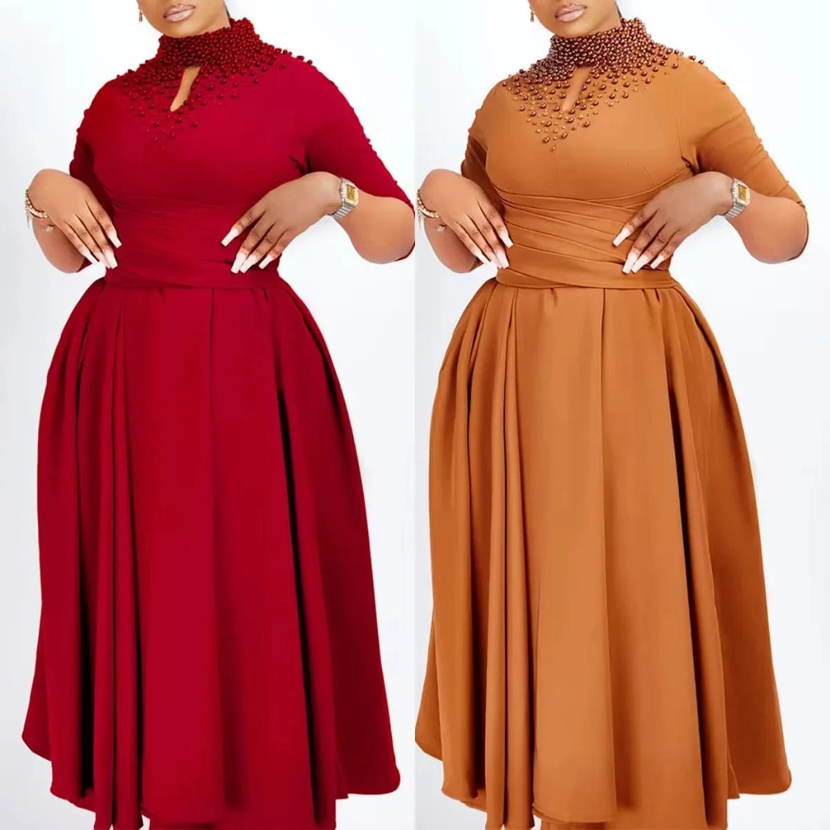 New Arrival Solid Color Clothing fall Wholesale bridal pearl beaded swing Long Sleeve Plus Size evening african Women Dresses