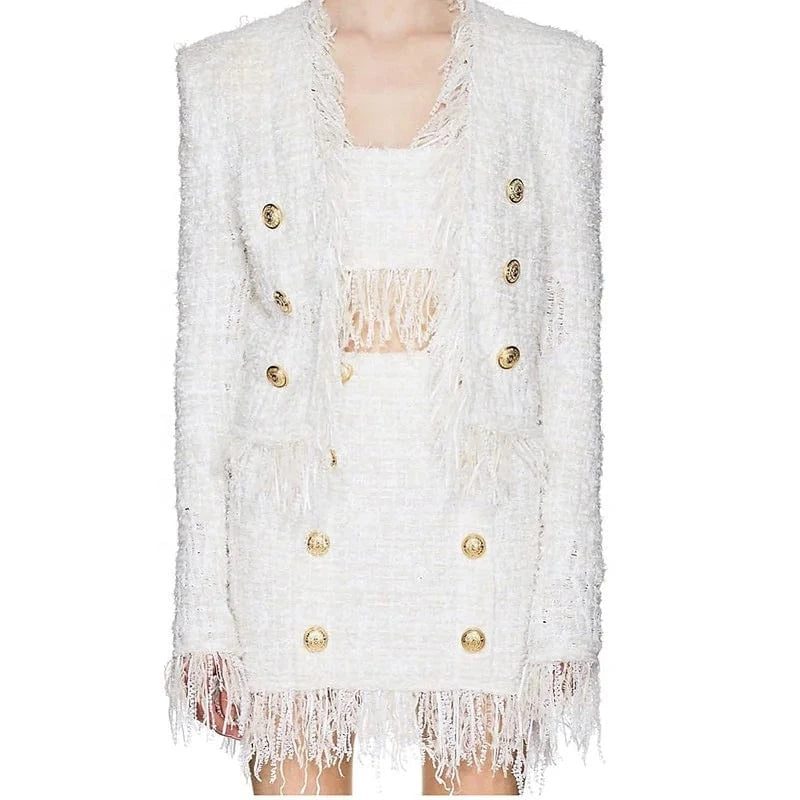 New Arrival White Tweed Blazer Coat Suit Skirt Tassel Fringes Blazer Suit Handmade Woolen Elegant Women Tweed Blazer Crop