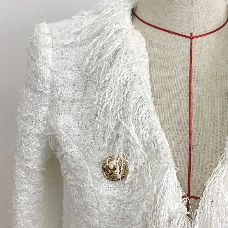 New Arrival White Tweed Blazer Coat Suit Skirt Tassel Fringes Blazer Suit Handmade Woolen Elegant Women Tweed Blazer Crop