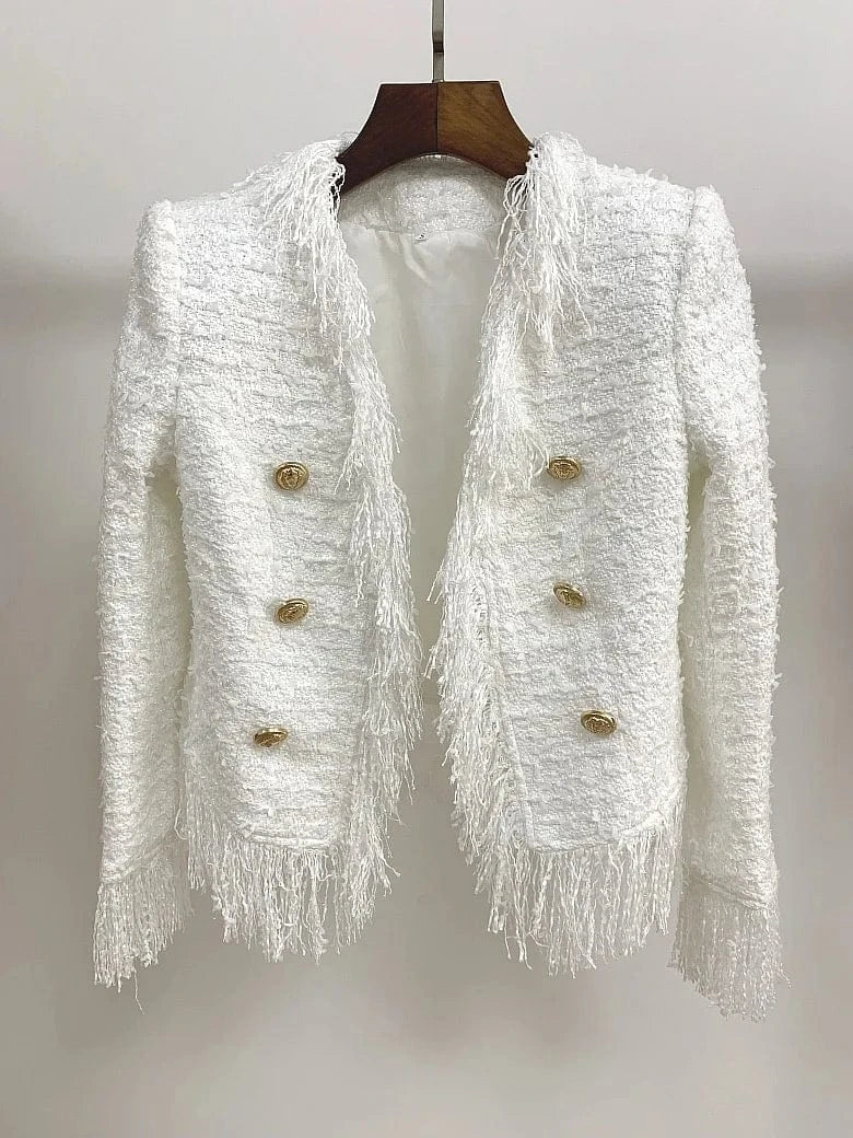 New Arrival White Tweed Blazer Coat Suit Skirt Tassel Fringes Blazer Suit Handmade Woolen Elegant Women Tweed Blazer Crop