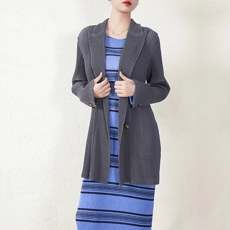 New Arrivals 2024 Japan Miyake Polyester Blazer Belted Single Breasted Pleated Woman Blazer Jacket