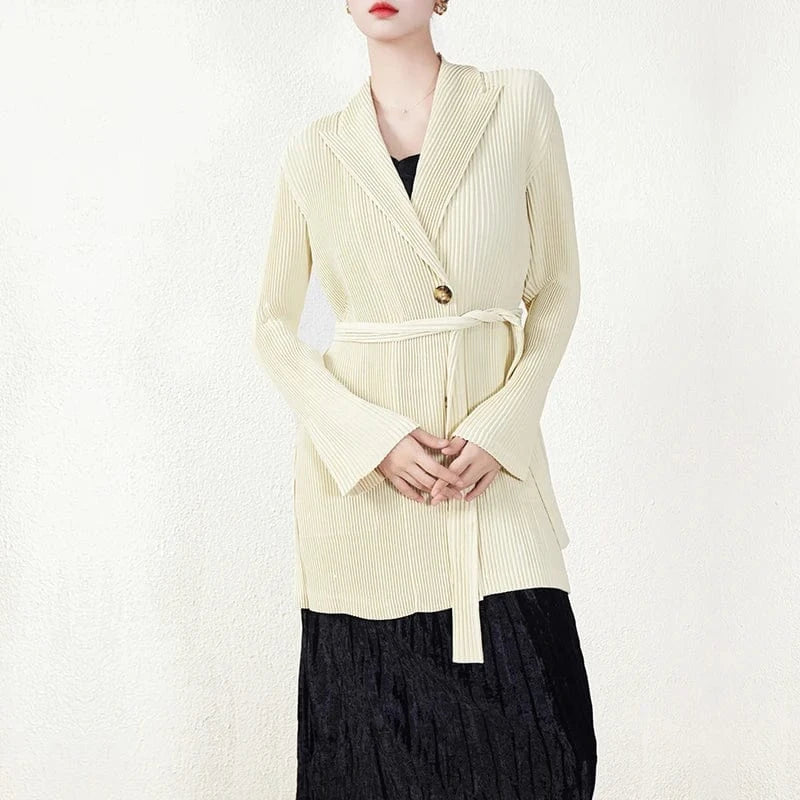 New Arrivals 2024 Japan Miyake Polyester Blazer Belted Single Breasted Pleated Woman Blazer Jacket