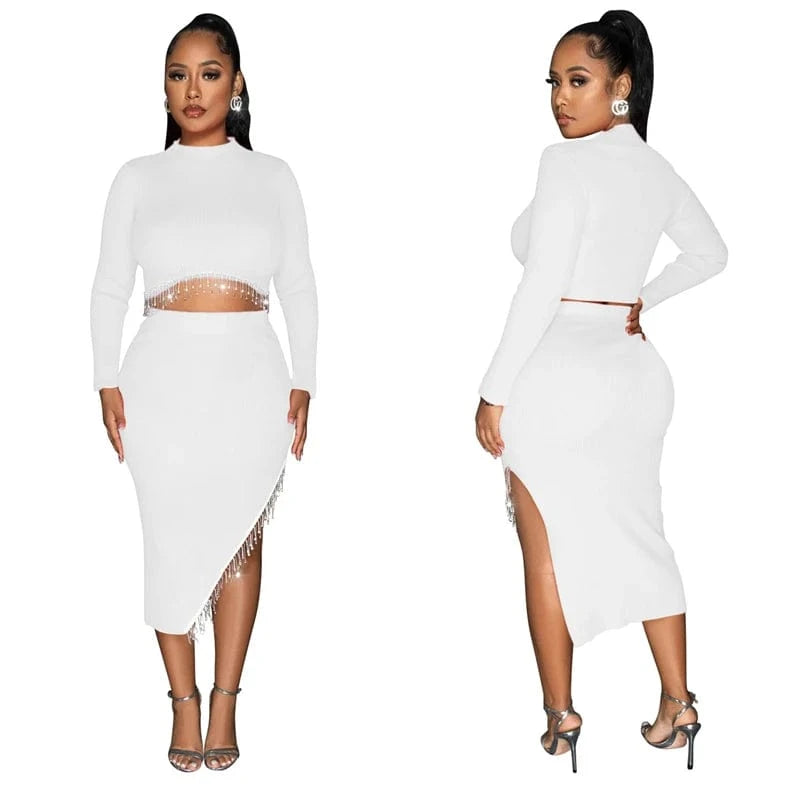 new arrivals 2024 woman valentine party rhinestone bead crystal tassel 2 piece slit skirt set dress 2024 evening gown for women