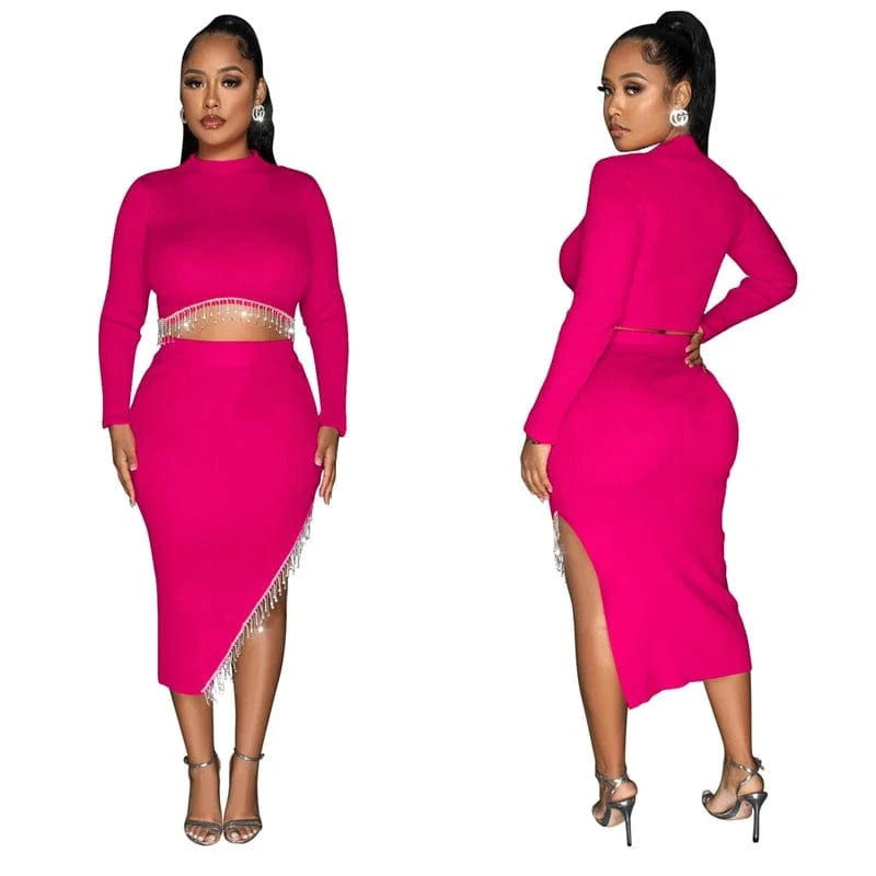 new arrivals 2024 woman valentine party rhinestone bead crystal tassel 2 piece slit skirt set dress 2024 evening gown for women