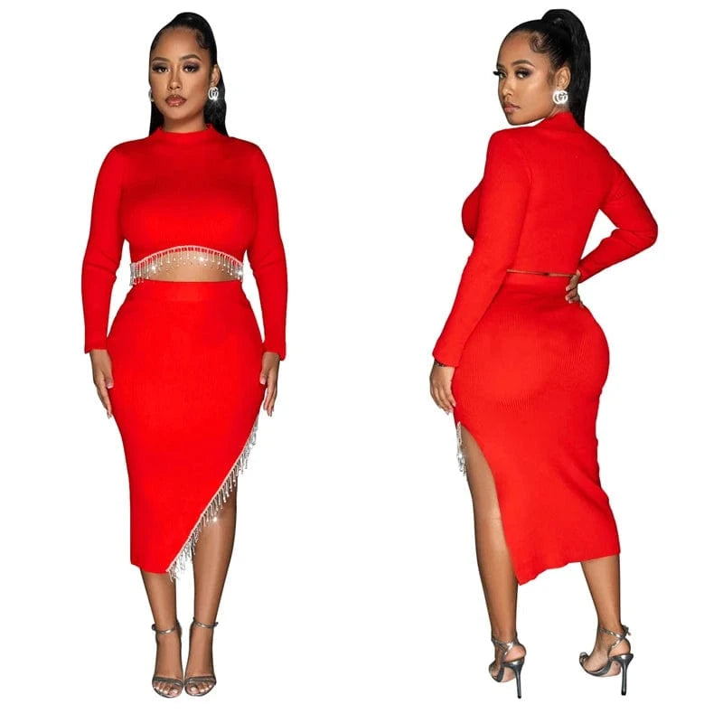 new arrivals 2024 woman valentine party rhinestone bead crystal tassel 2 piece slit skirt set dress 2024 evening gown for women