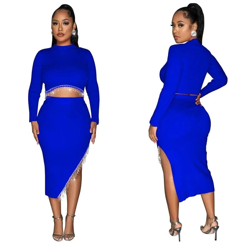 new arrivals 2024 woman valentine party rhinestone bead crystal tassel 2 piece slit skirt set dress 2024 evening gown for women