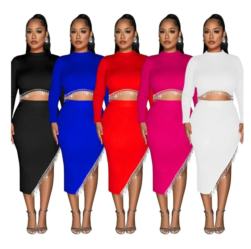 new arrivals 2024 woman valentine party rhinestone bead crystal tassel 2 piece slit skirt set dress 2024 evening gown for women
