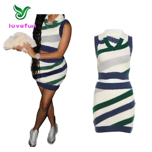 New Arrivals Polo Neck Crop Top And Mini Skirt Winter Women's Clothing Fashion Striped Knitted 2 Piece Skirt Set