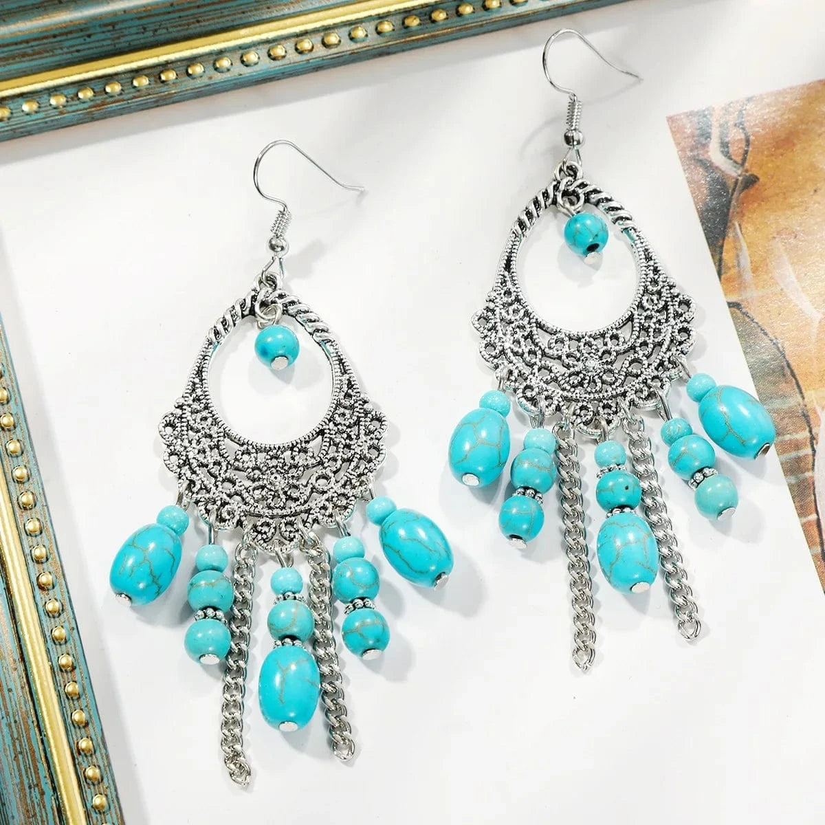 New Arrivals Retro Bohemian Turquoise Stone tribal earrings Vintage Drop Earrings Long Boho Earrings Jewelry for Women Gifts