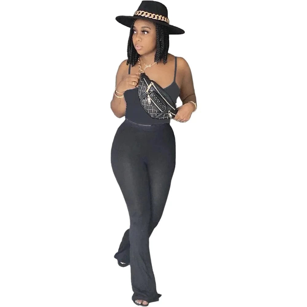 New arrivals Wholesale Solid High Waist Casual 2 Piece Pant Set Women Clothing Sun-top Wide Leg Bell-bottoms
