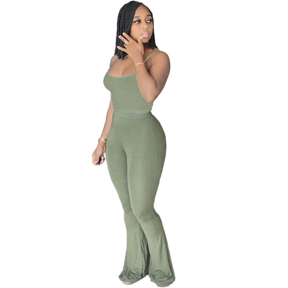 New arrivals Wholesale Solid High Waist Casual 2 Piece Pant Set Women Clothing Sun-top Wide Leg Bell-bottoms