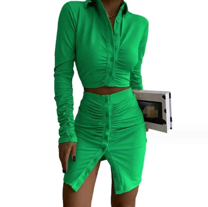New Arrivals Women's Clothing Long Sleeve Crop Shirt And Bodycon Skirt Set Fashion Sexy Wrinkle Two Piece Set