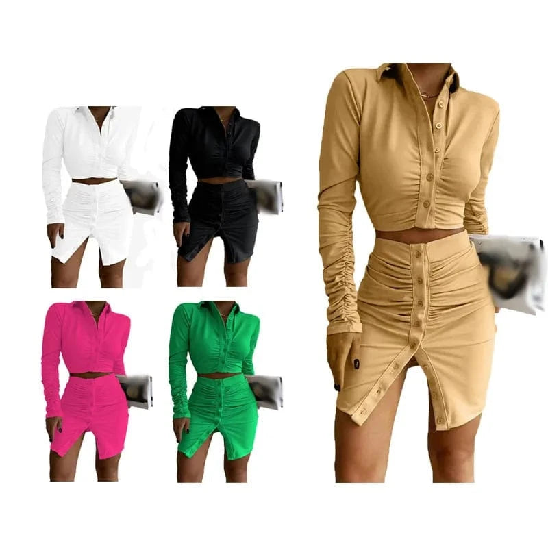 New Arrivals Women's Clothing Long Sleeve Crop Shirt And Bodycon Skirt Set Fashion Sexy Wrinkle Two Piece Set