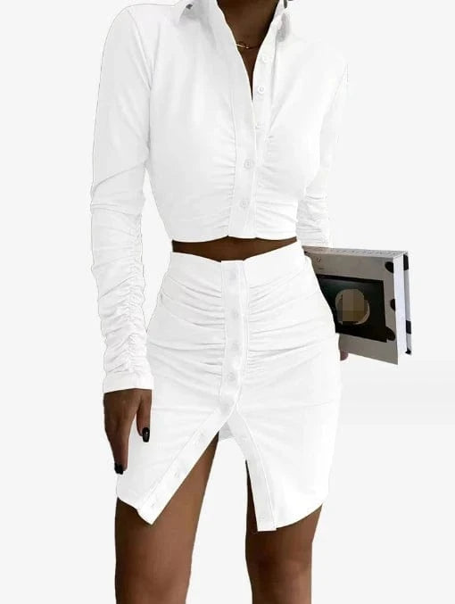 New Arrivals Women's Clothing Long Sleeve Crop Shirt And Bodycon Skirt Set Fashion Sexy Wrinkle Two Piece Set
