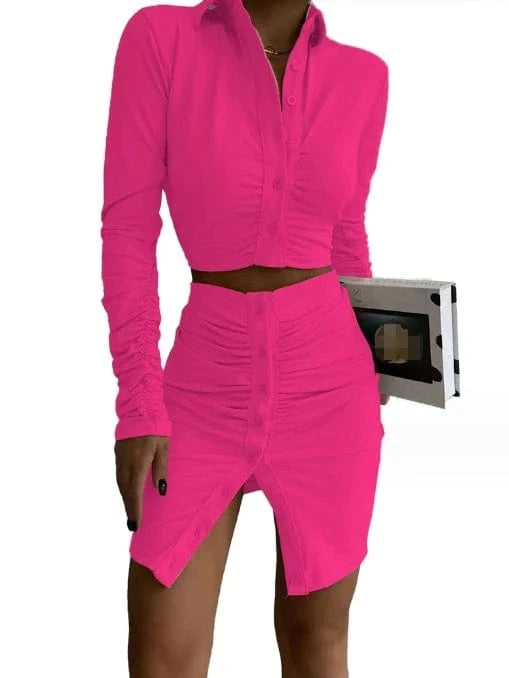 New Arrivals Women's Clothing Long Sleeve Crop Shirt And Bodycon Skirt Set Fashion Sexy Wrinkle Two Piece Set