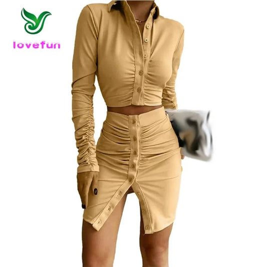 New Arrivals Women's Clothing Long Sleeve Crop Shirt And Bodycon Skirt Set Fashion Sexy Wrinkle Two Piece Set