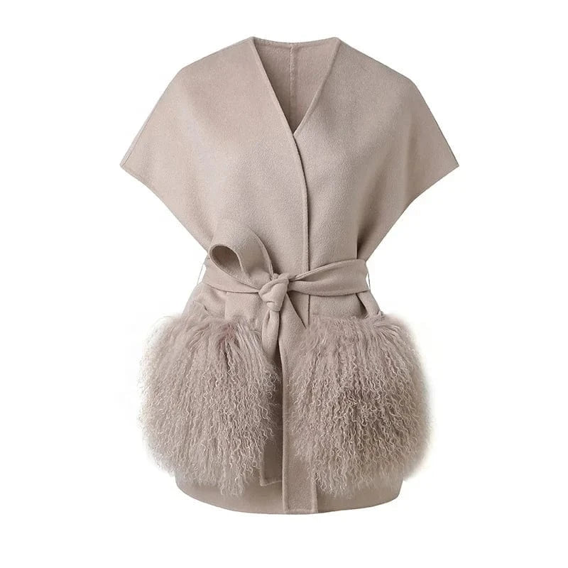 New Coming Fur Pockets Women 100% Wool Soft Vest Cashmere Waistcoat