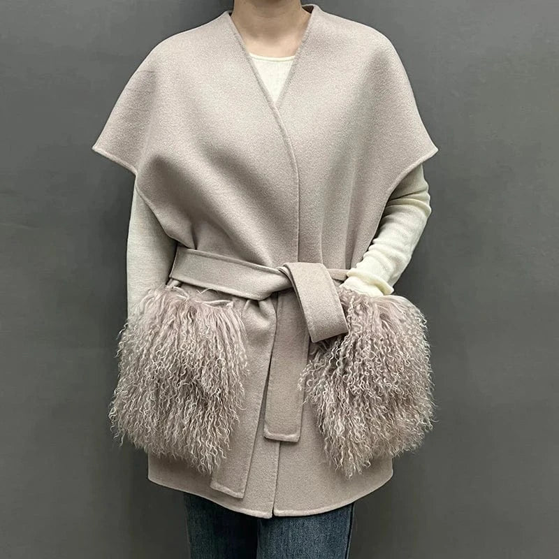 New Coming Fur Pockets Women 100% Wool Soft Vest Cashmere Waistcoat
