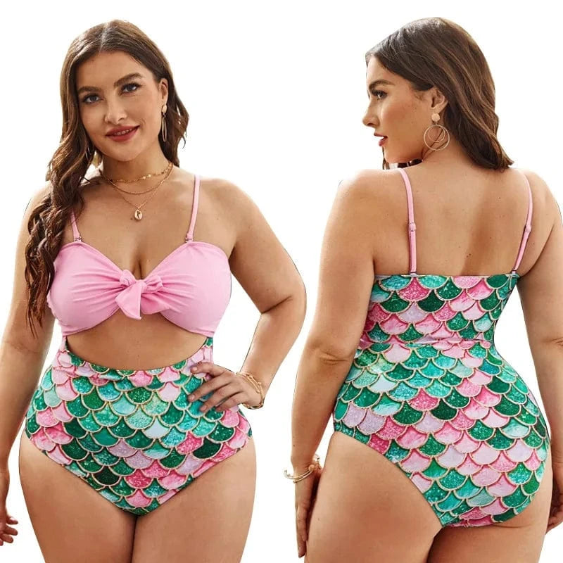 New Cut Out Mermaid Print Plus Size One Piece Swimsuit Large Swimwear Bating Suits for Women 2023