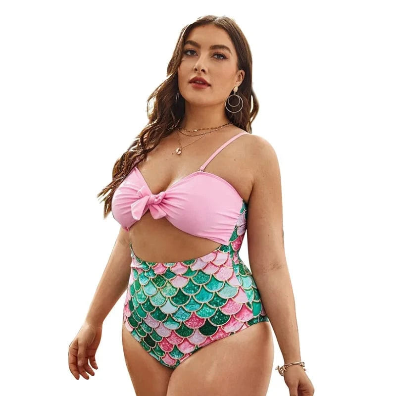 New Cut Out Mermaid Print Plus Size One Piece Swimsuit Large Swimwear Bating Suits for Women 2023