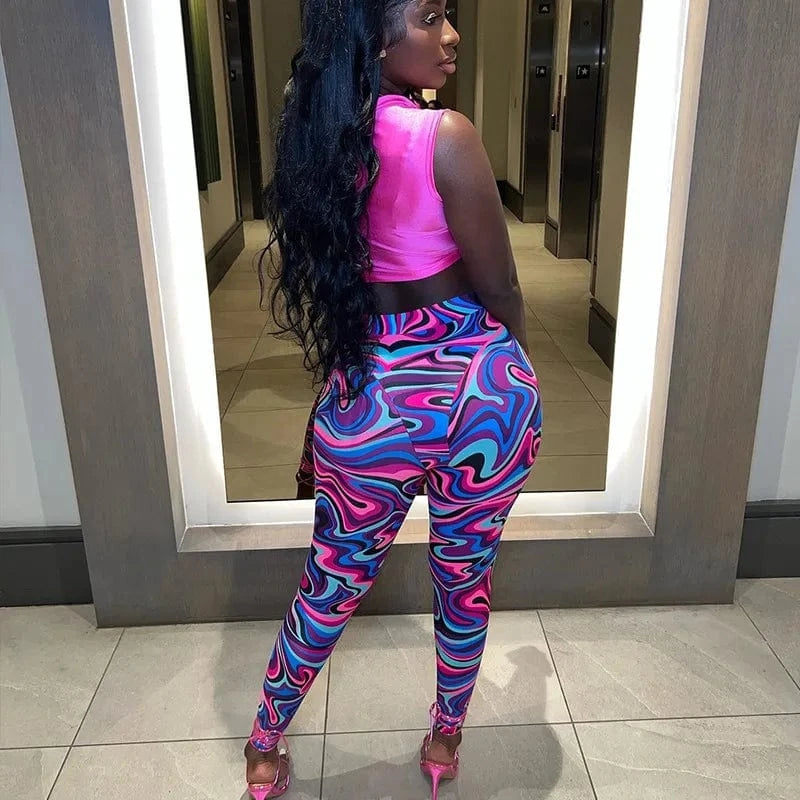 New Design Crop Top Legging 2 Piece Skinny Outfits Women Print Two Pcs Pants Set Woman Clothing Ladies Casual Streetwear