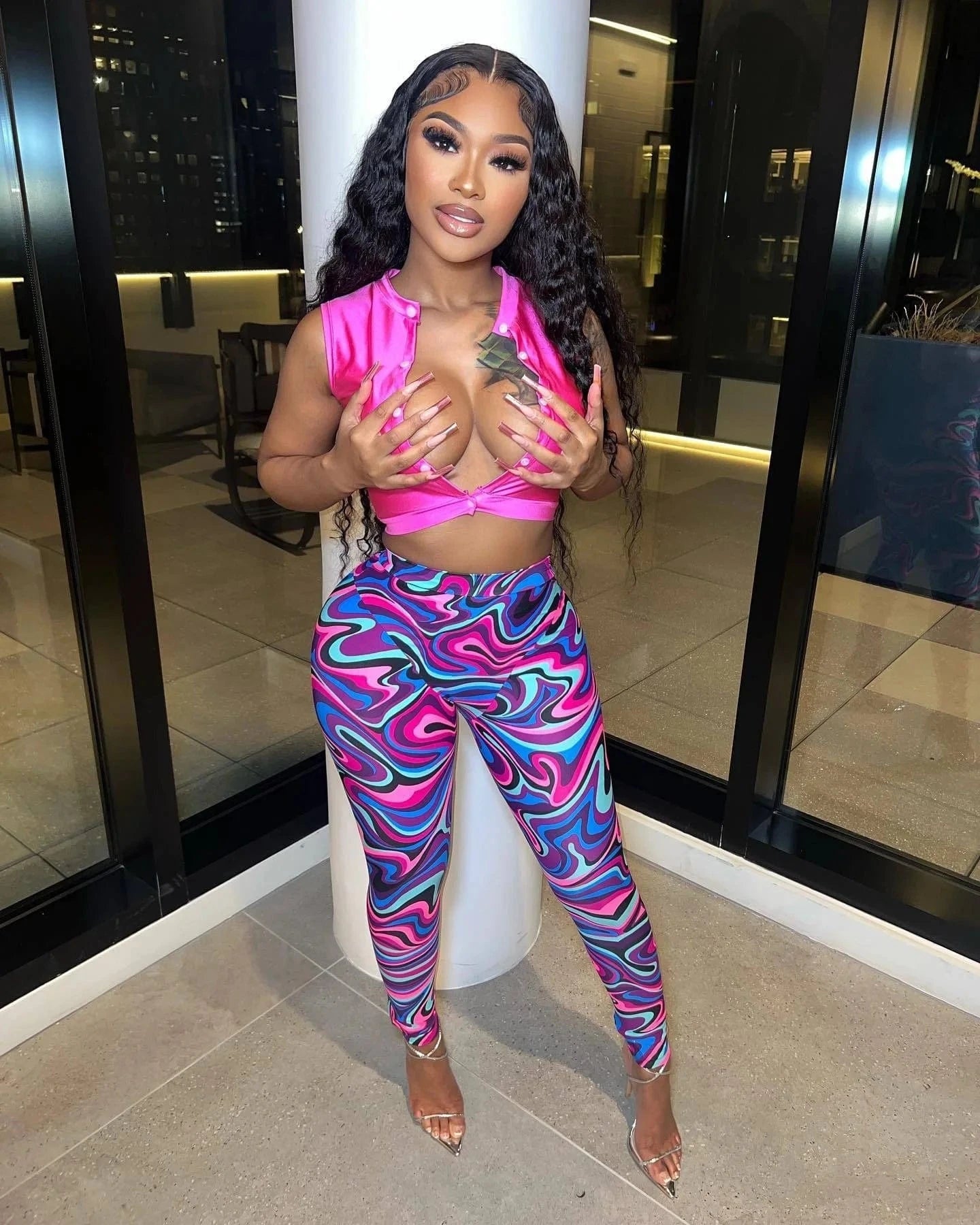 New Design Crop Top Legging 2 Piece Skinny Outfits Women Print Two Pcs Pants Set Woman Clothing Ladies Casual Streetwear