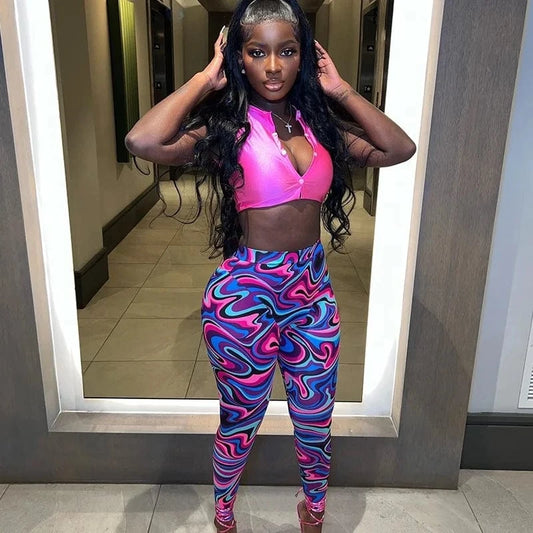 New Design Crop Top Legging 2 Piece Skinny Outfits Women Print Two Pcs Pants Set Woman Clothing Ladies Casual Streetwear