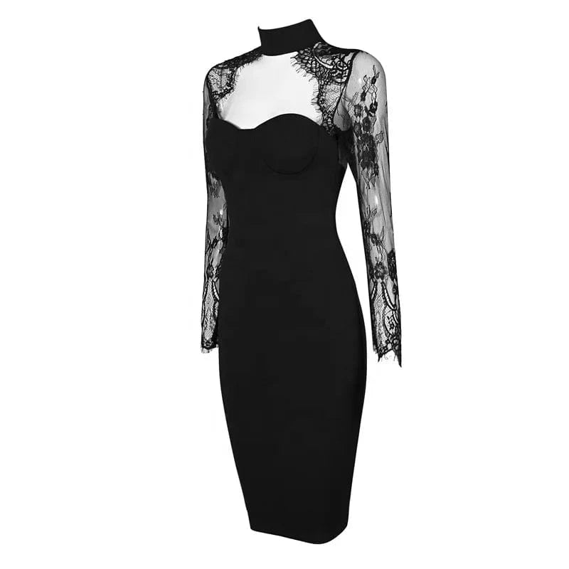 New design lace patchwork sexy long sleeve bandage dress evening party elegant women 's casual dresses