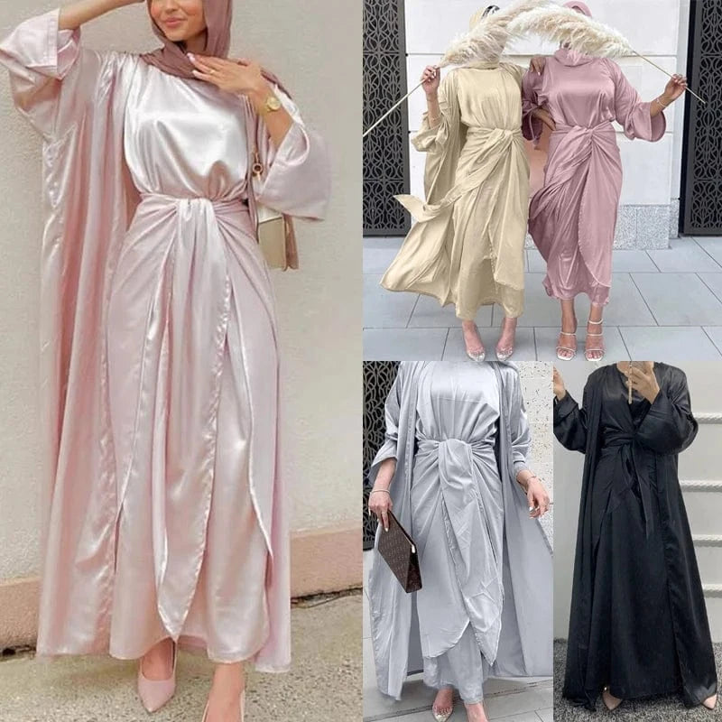 New Designs Arrival Satin Dress Set For Women With Hijab Slip Inner Dress Outer Abaya