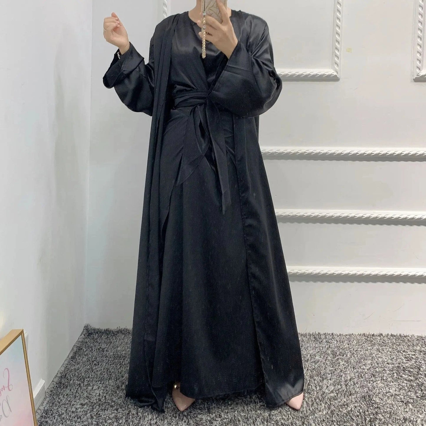 New Designs Arrival Satin Dress Set For Women With Hijab Slip Inner Dress Outer Abaya