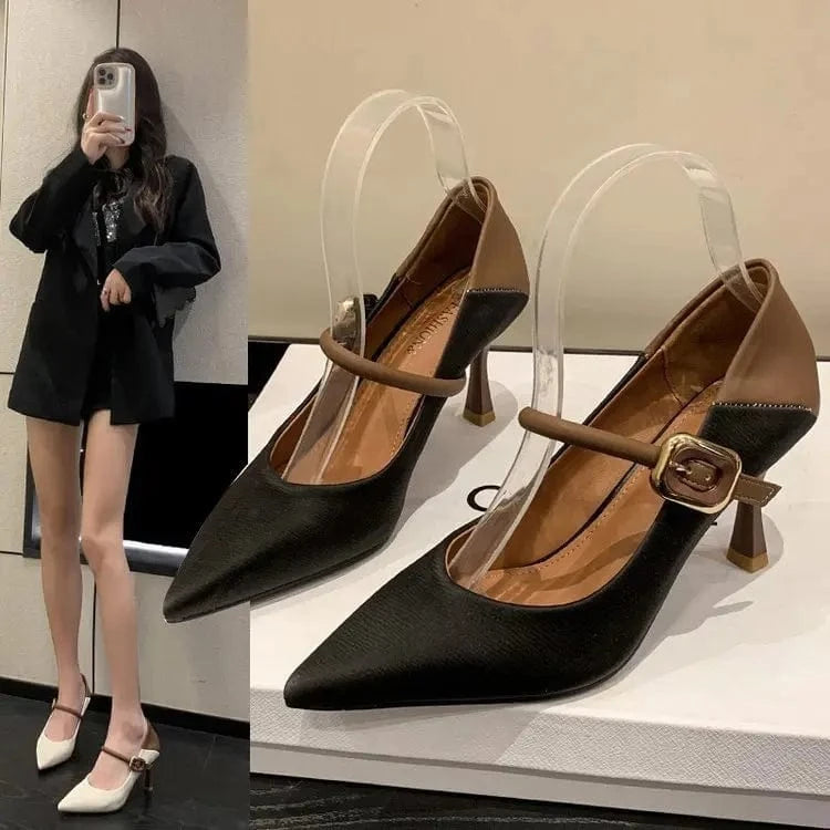 new Europe United States pointed head shallow mouth thin heel single shoes version low heel French Mary Jane women's shoes