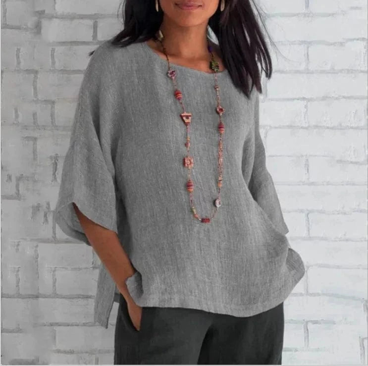 New European And American Women's Clothing 2024 Three-quarter Sleeve O-neck Cotton Linen Shirt Women's Top Casual Blouse