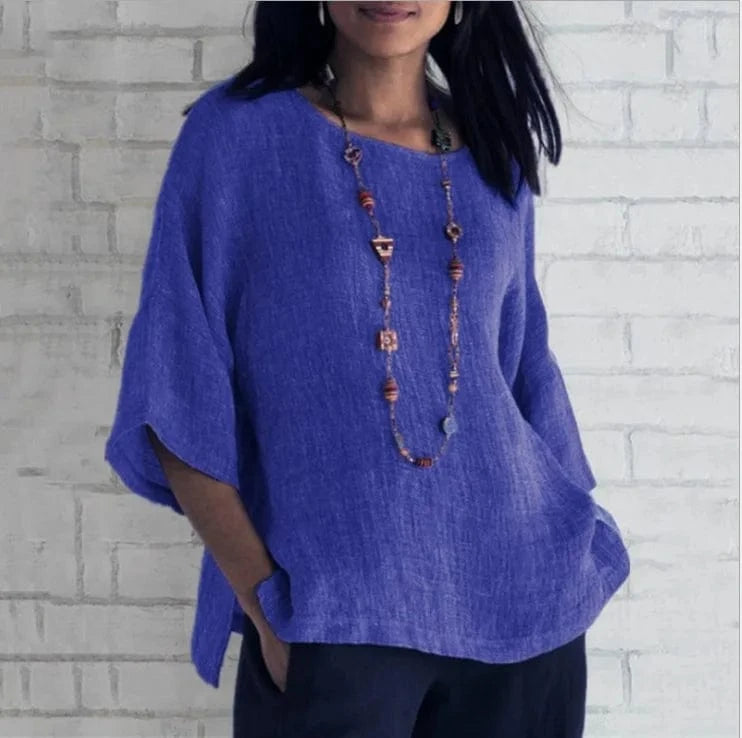 New European And American Women's Clothing 2024 Three-quarter Sleeve O-neck Cotton Linen Shirt Women's Top Casual Blouse