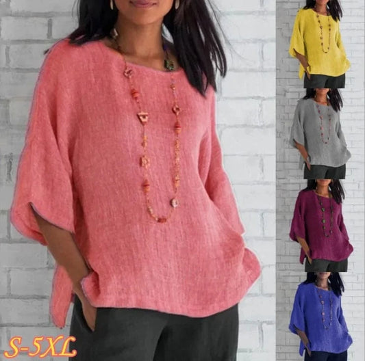 New European And American Women's Clothing 2024 Three-quarter Sleeve O-neck Cotton Linen Shirt Women's Top Casual Blouse