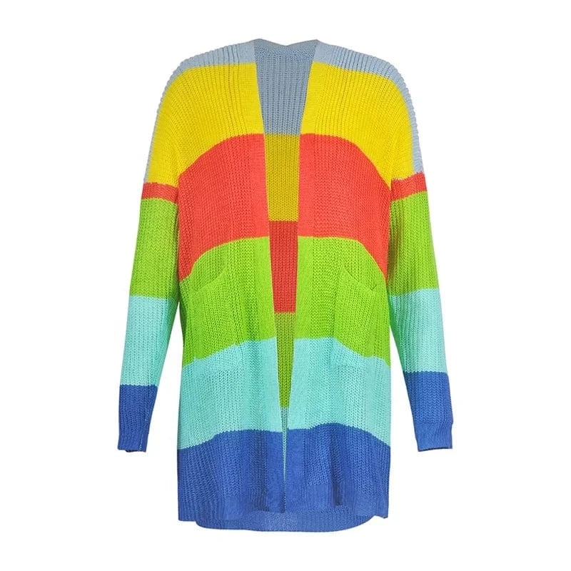 New Fancy Ladies Top Clothing Multicolor Striped Rainbow Long Knitted Sweater Cardigan