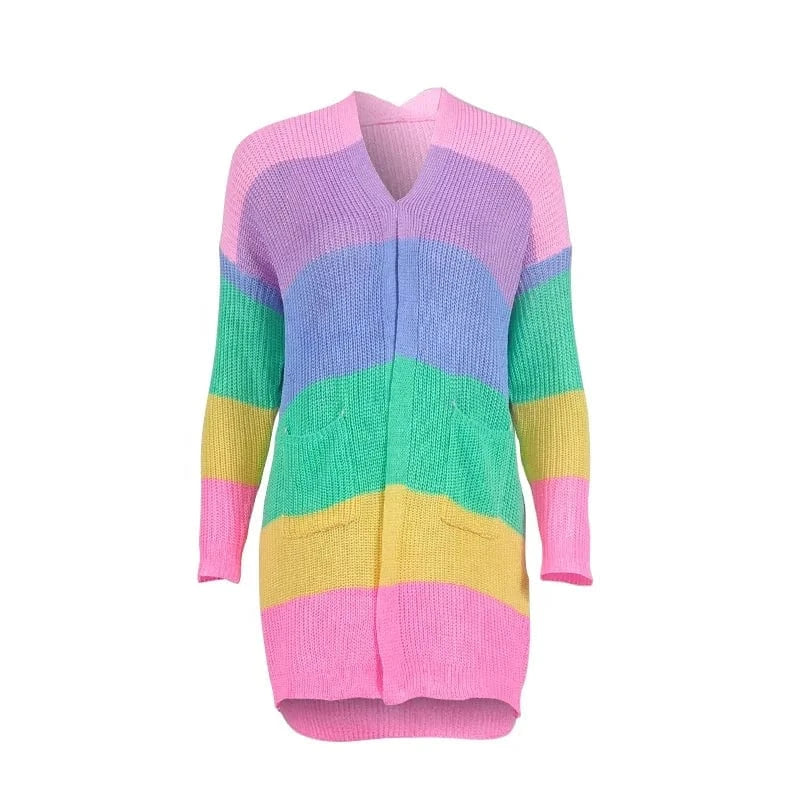 New Fancy Ladies Top Clothing Multicolor Striped Rainbow Long Knitted Sweater Cardigan