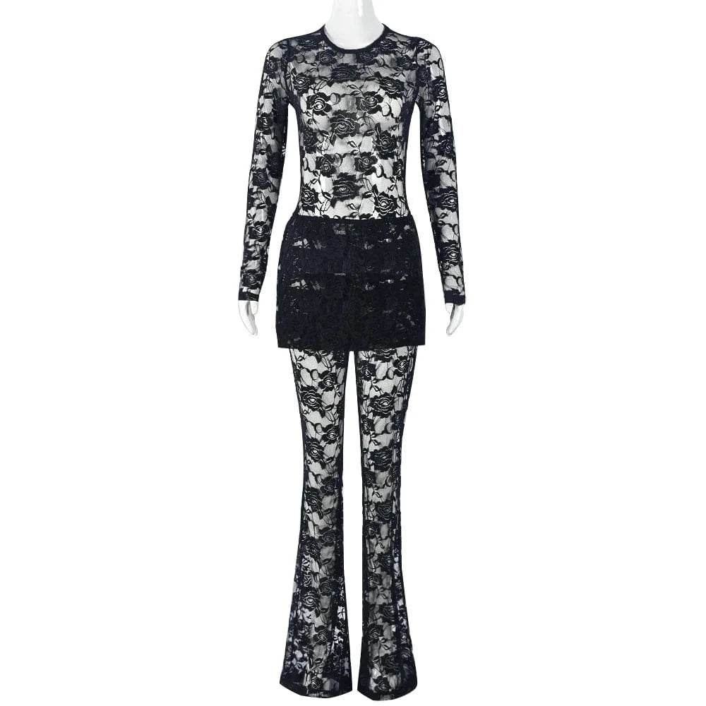 New Fashion 2024 Valentines Pajamas Spring Ladies Two Pieces Sets Sexy Lace Mesh Sleeve Bodysuit And Pant Set